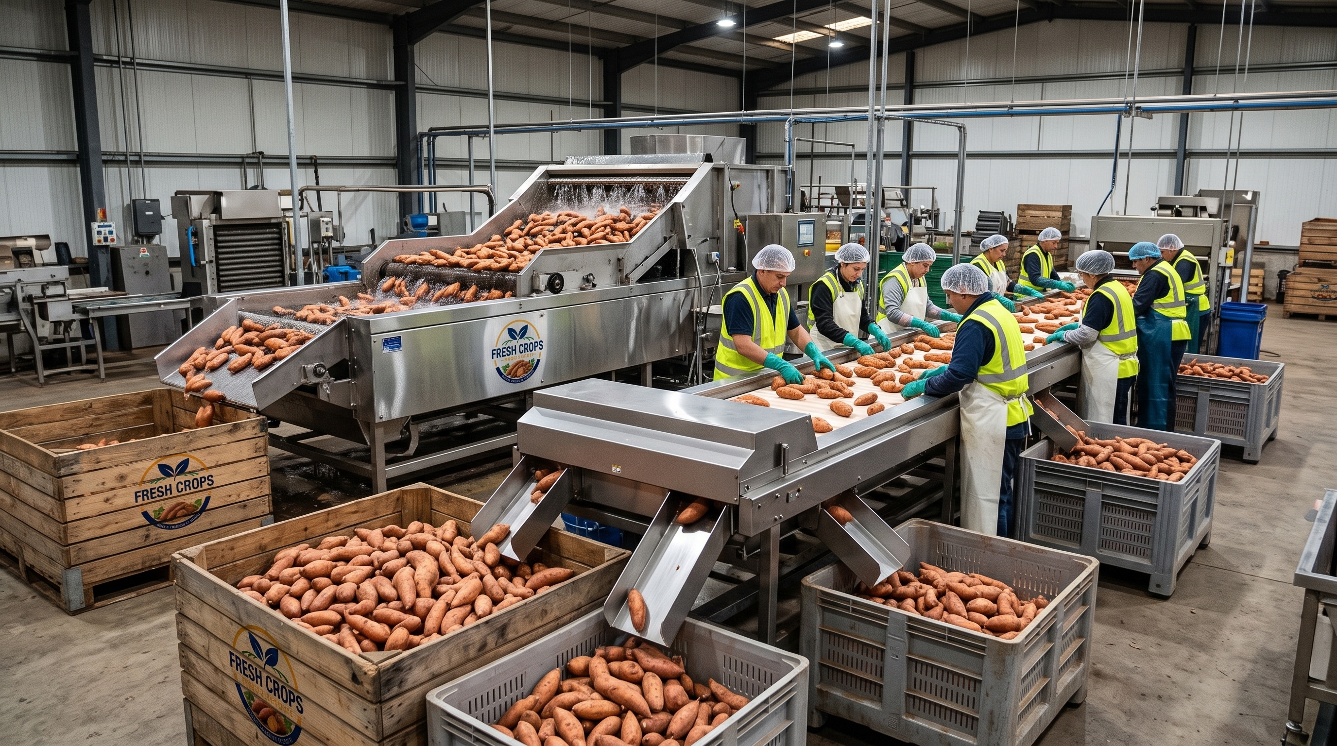 Washing and automated electronic sorting line for sweet potatoes