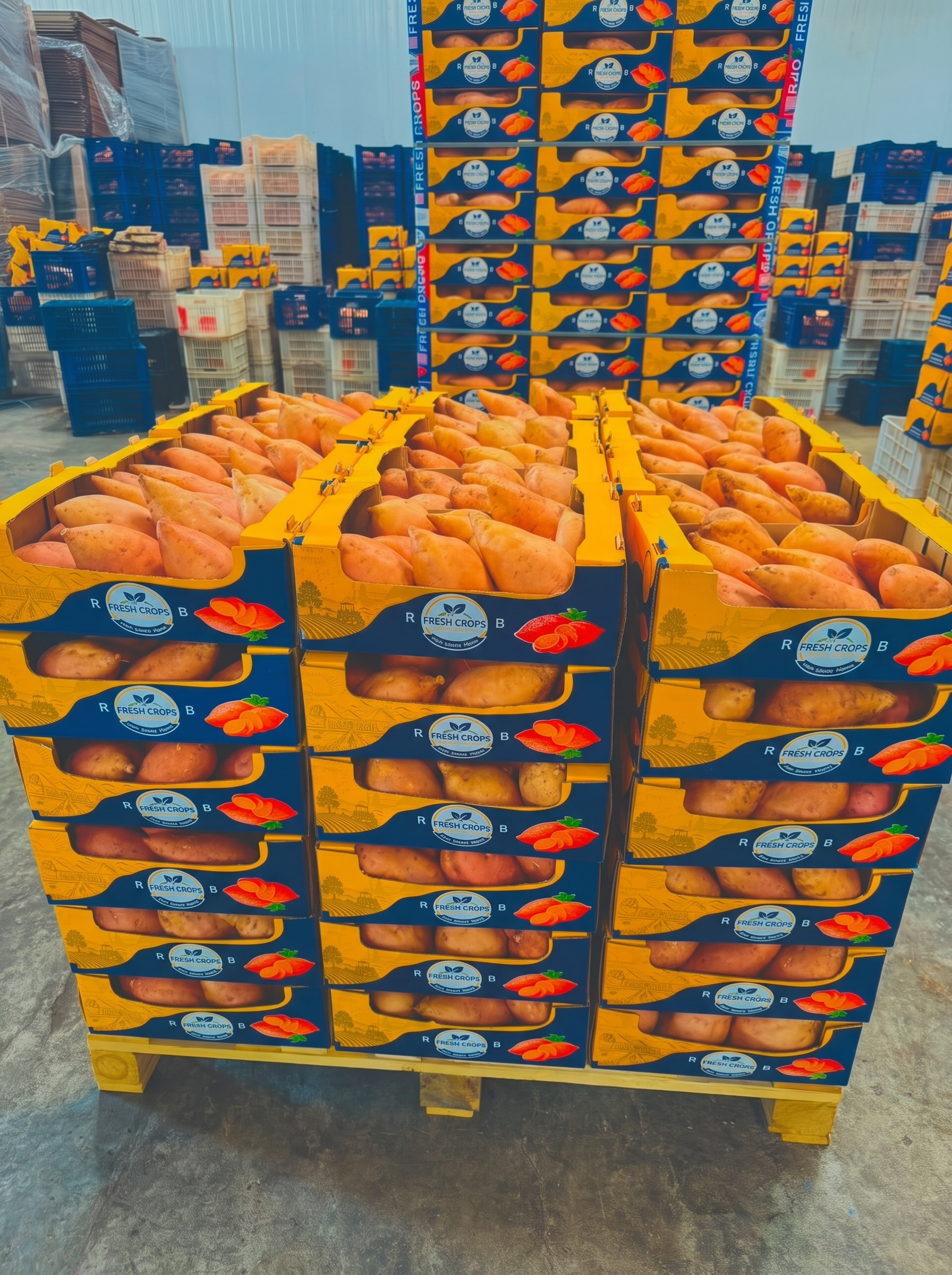 Packing export sweet potatoes in 6kg cartons and 600kg bins
